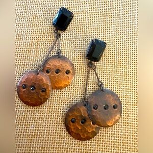 Vintage Copper Dangle Earrings Black Glass Stones Hammered Discs Post Back